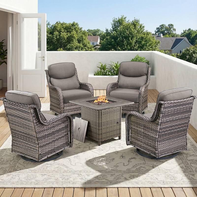 Pocassy Outdoor Propane Fire Pit Table with Sofa Swivel Chair Funiture Set. - Gray Wicker Gray Cushion - 5-Piece Swivel Chair w/ Fie Pit Table