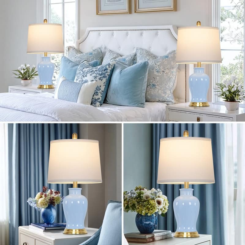 23'' Set of 2 Light Blue Ceramic Table Lamps with Gold Accents and White Drum Shades - 12.5''x12.5''x23''