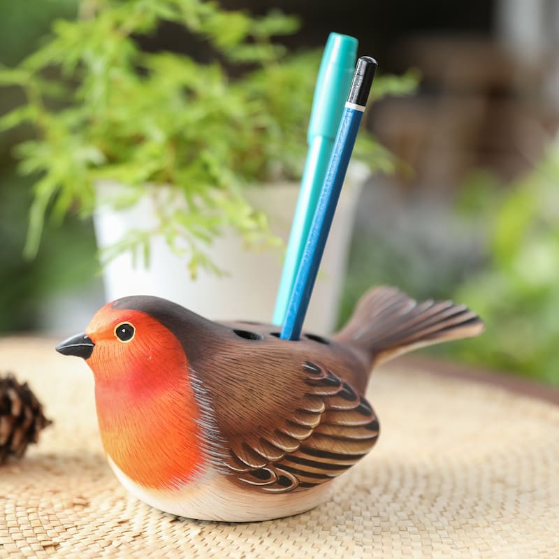 Novica Handmade Nesting Robin Wood Pen Holder