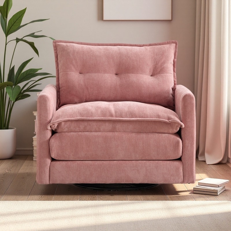 Chenille 360° Swivel Barrel Chair with Memory Foam and Side Pockets - Pink