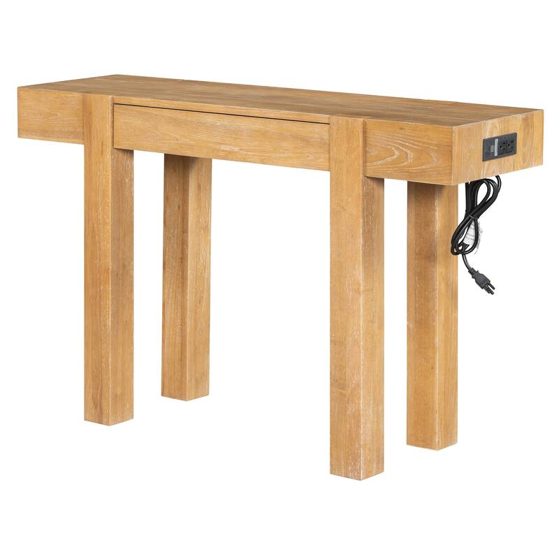 Rustic Minimalist Console Table with Hidden Drawer, Side Power Outlet, Wood Entryway Table for Entryways, Living Rooms