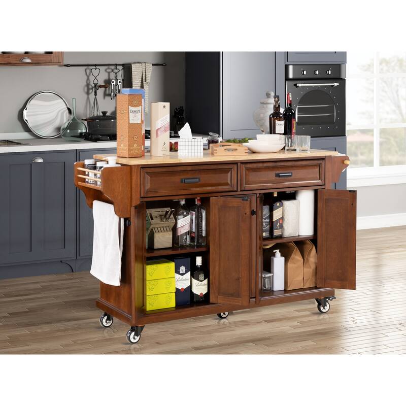 Kitchen Island with Rubber wood Countertop, Kitchen Cart on 5 Wheels with Storage Cabinet and 2 Top Drawers