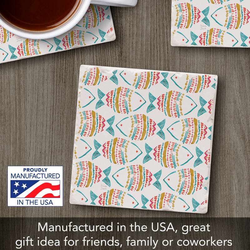 Tropical Fish 4 Pack Absorbent Stone Coasters with Cork Backing 4" Square Made in The USA Absorbent Wipes Clean