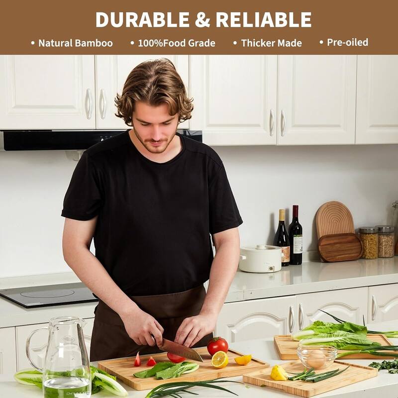 3 Pieces Bamboo Cutting Board for Kitchen with Holder, Thick Kitchen Cutting Boards with Juice Groove