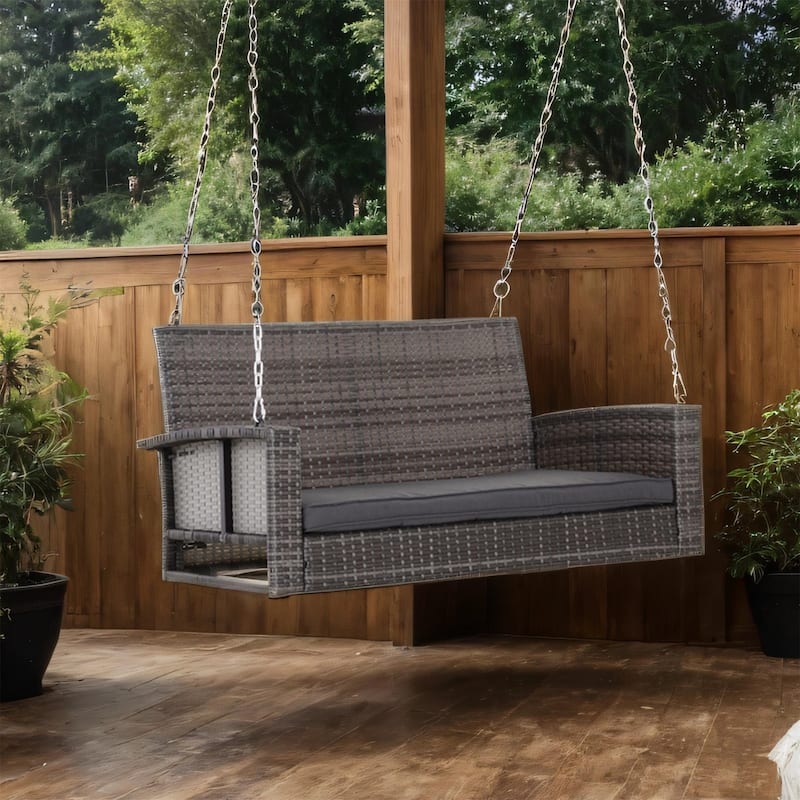 50" Outdoor Wicker Hanging Swing Bench with Cushions and Steel Frame