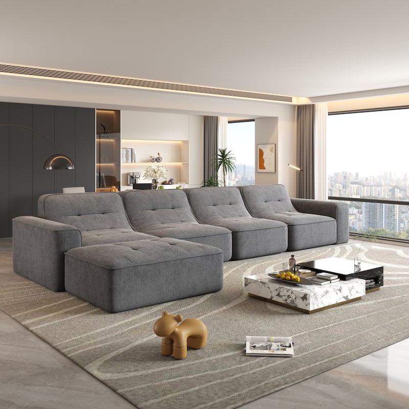 GDFStudio - Modern 143.7" Tufted Chenille Upholstered Modular Sectional Sofa Set with Removable Ottoman & Ergonomic Design