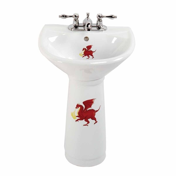 Renovators Supply Magnificent Fire Dragon Pattern for Kids Grade A Vitreous China White Pedestal Sinks with Overflow Hole