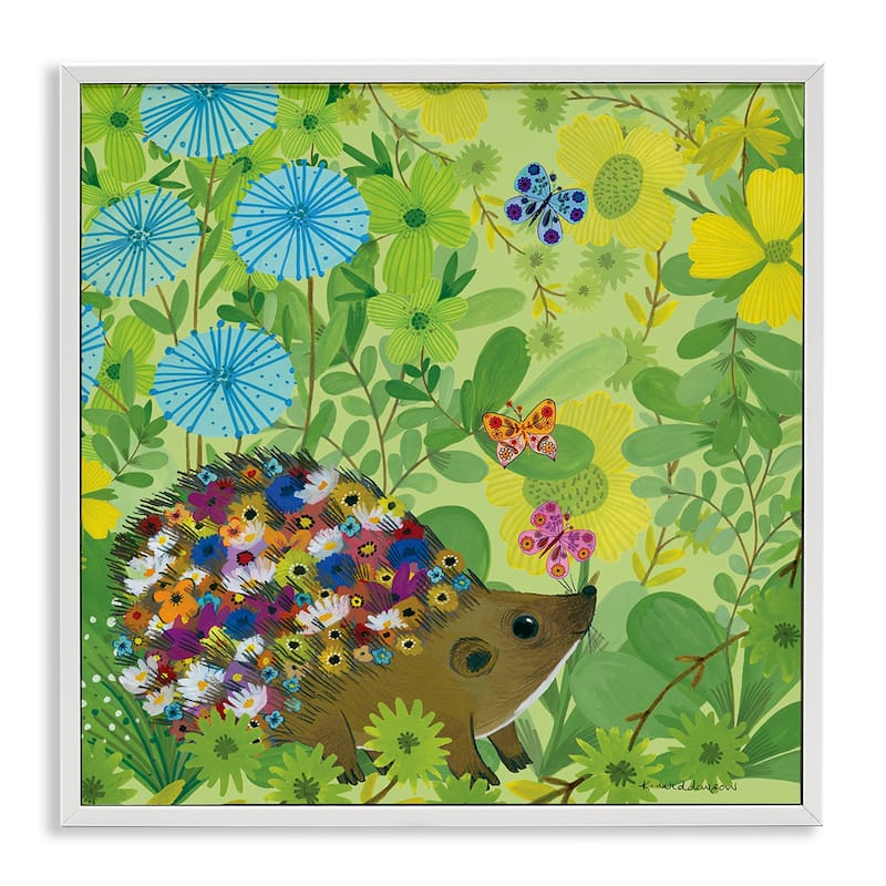 Stupell Happy Hedgehog & Flowers Framed Giclee Art Design By Kay Widdowson - 12 x 12 - White