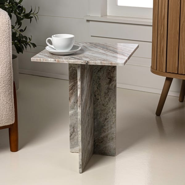 slide 2 of 18, Venus 18.5" Contemporary Natural Marble Handmade T-Shaped End Table, Gray/Beige, by JONATHAN Y.