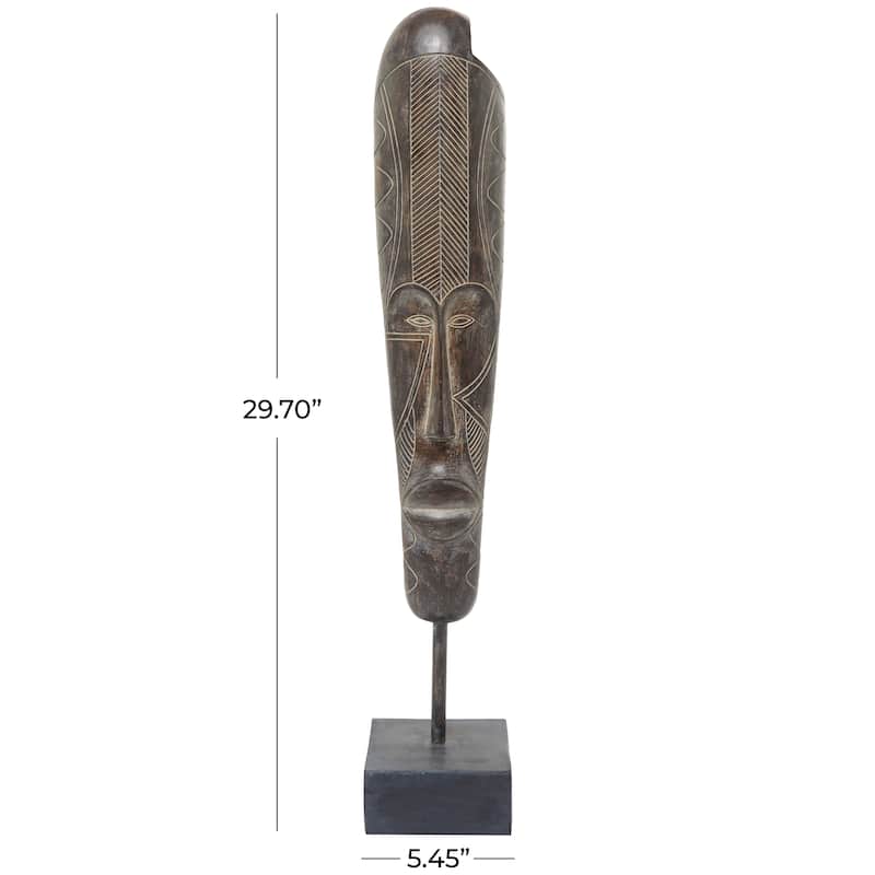 Polystone Mask Slim Carved African Tribal Sculpture with Block Base - Brown - Roche River Decor - 6"W x 5"L x 30"H