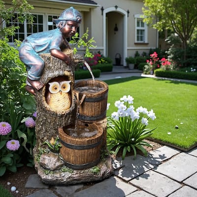 LED Outdoor Garden Fountain – Polyresin 2-Tier Kids & Owl Style