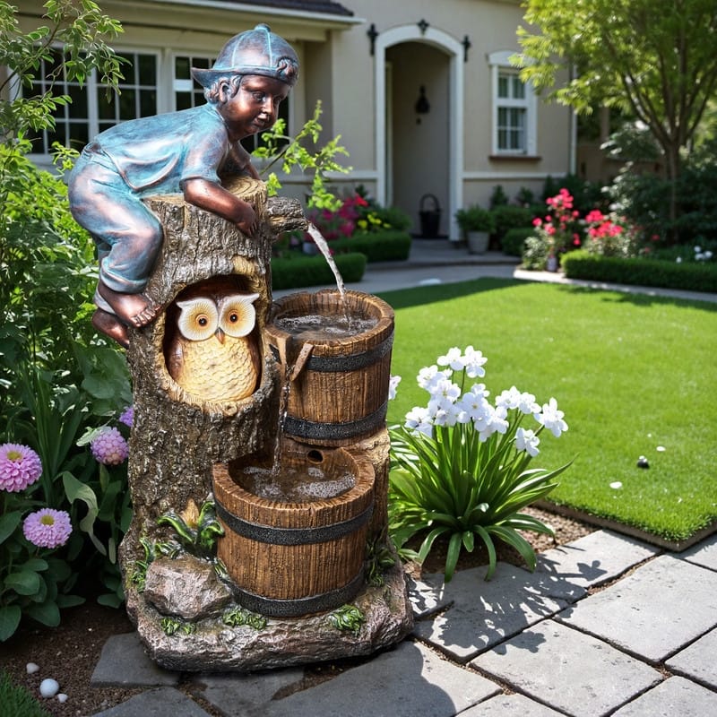 Vbal 3-Tier Outdoor Fountain with Kid and Owl Figures with LED Lights Weather Resistant for Outdoor Decor