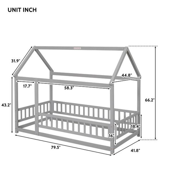 dimension image slide 0 of 4, Floor Wooden Bed with House Roof and Fence Guardrails for Kids' Bedroom