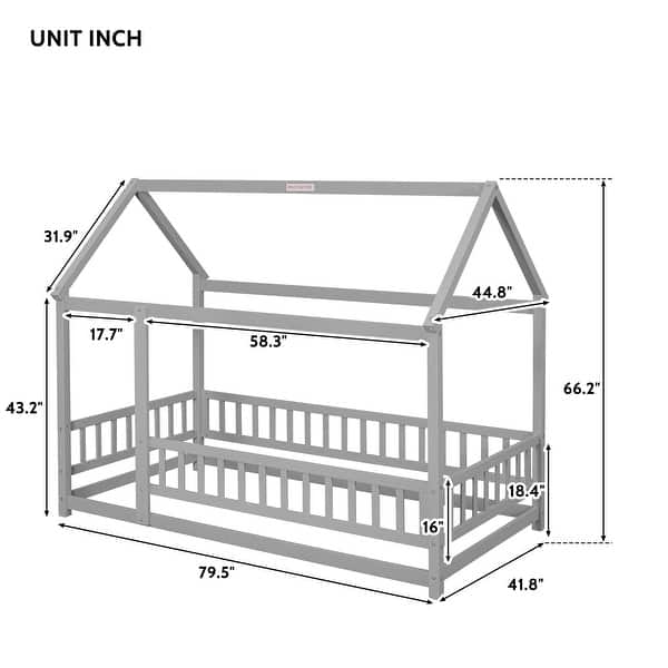 dimension image slide 3 of 4, Twin Size Wooden Floor Bed with House Roof Frame, Fence Guardrails for Kids, Bedroom