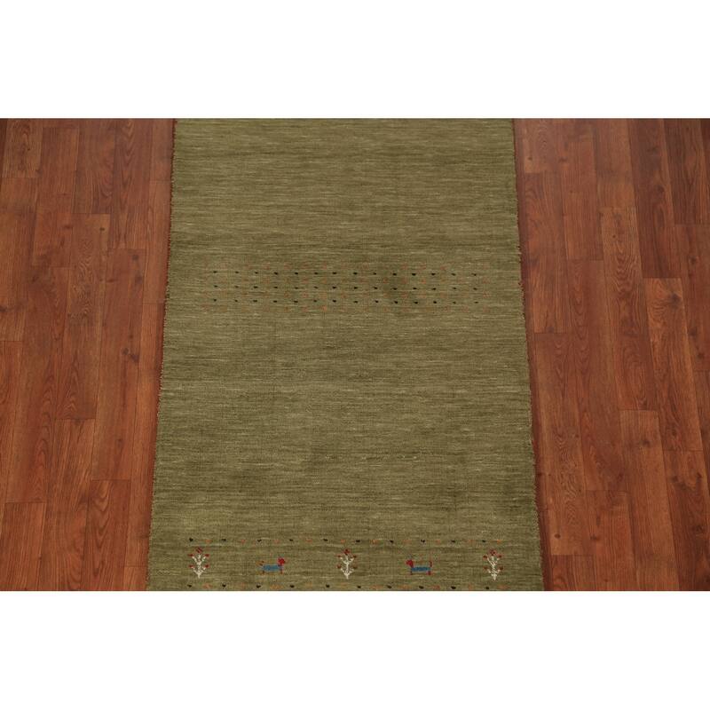 Green Gabbeh Oriental Runner Rug Hand-Knotted Wool Carpet - 2'8" x 10'1"