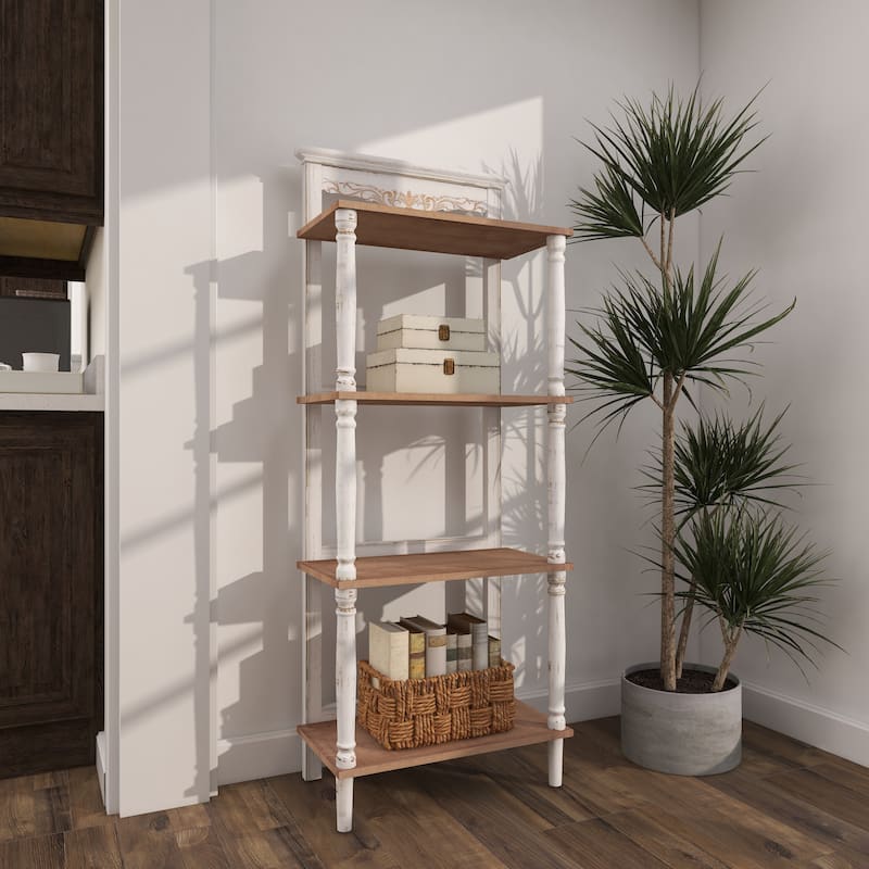 Wood Floral Intricately Carved 4 Shelves Shelving Unit - White - Roche River Decor