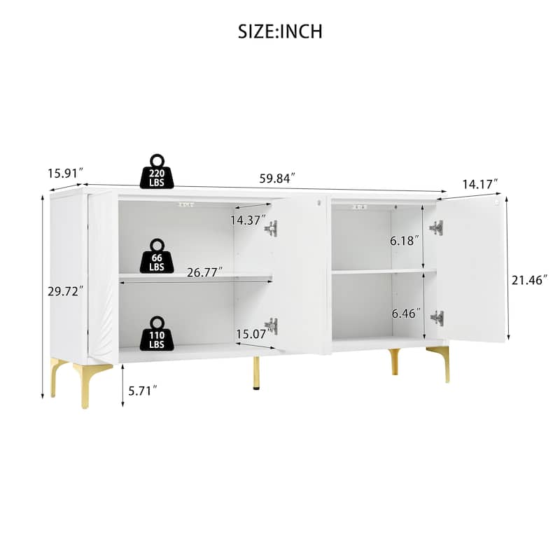 Modern 4-Door Sideboard with Press-to-Open Doors, Carved Texture, High Gloss Finish and Gold Metal Legs