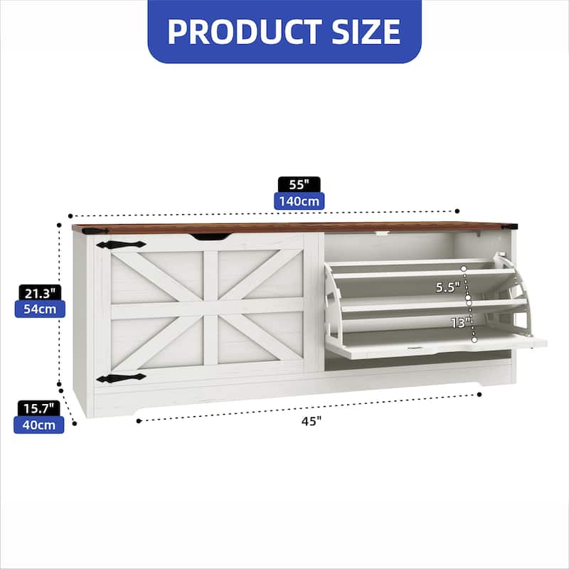 Moasis 55" Width Shoe Storage Bench,Shoe Cabinet with 3 Flip Drawer & Flip-Top Storage
