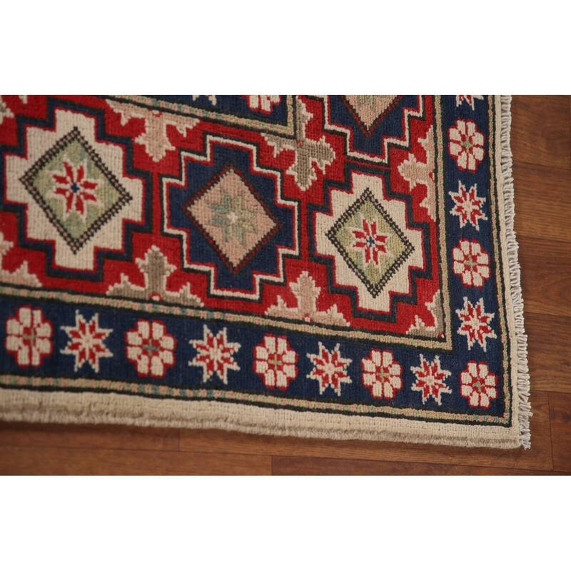 Ivory Geometric Kazak Area Rug Handmade Wool Carpet - 6'8" x 9'6"