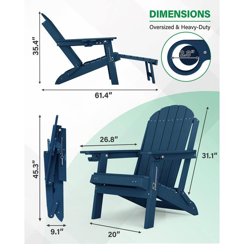 WINSOON Outdoor All-Weather HDPE Folding Adirondack Chair with Ottoman, Cup Holder & Adjustable Back