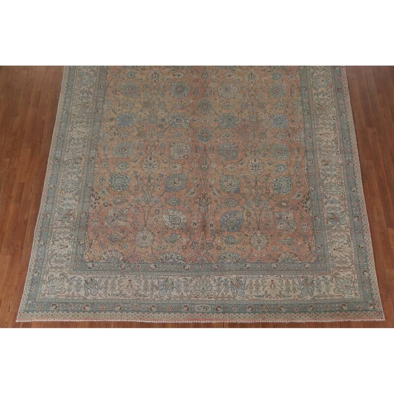 Hand Knotted Oriental 100% Wool Carpet Traditional All-Over Coral Tabriz Area Rug - 12' 4'' X 9' 1''