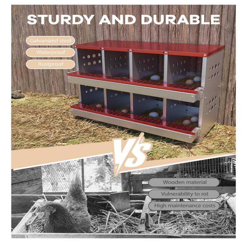 8-Compartment Chicken Nest Box with Egg Collection Tray and 8 Fake Training Eggs Red