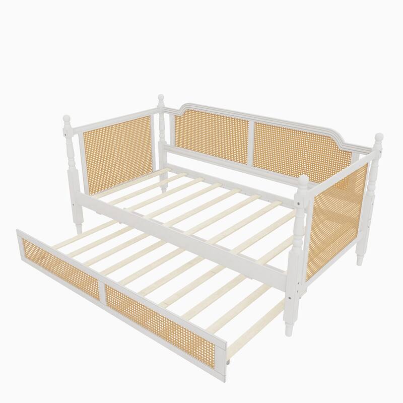 Rattan Frame Daybed with Pull-out Storage Drawers Bookcase Bed - Wooden Sofa Bed with Trundle Bed Platform Bedframe - Open Bed