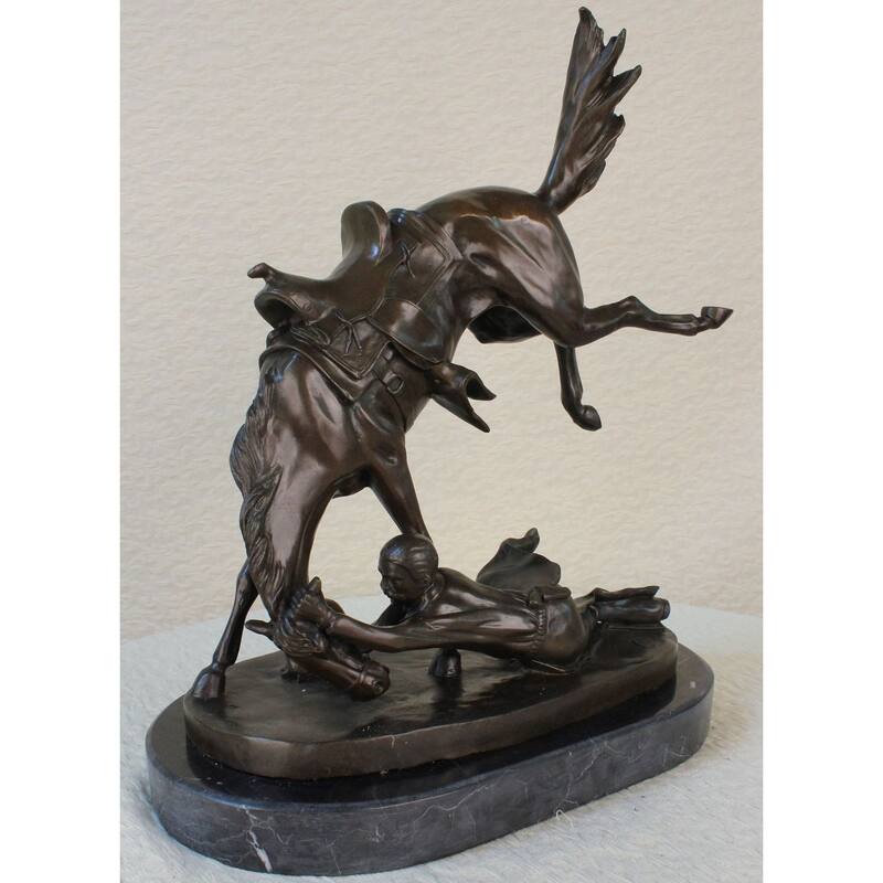 Signed Cowboy Horse Western Bronze Sculpture Statue Marble Base Figure Decor