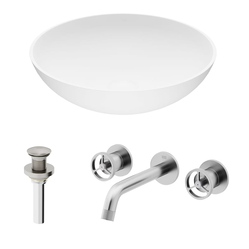 VIGO Lotus 16"L x 16"W MatteStone Vessel Sink and Cass Wall Mount Faucet Set