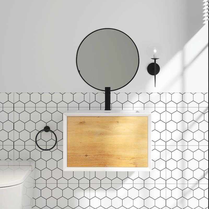 Wall-Mounted 1-drawer Bathroom Vanity Set in White and Oak with Integrated Solid Surface Sink