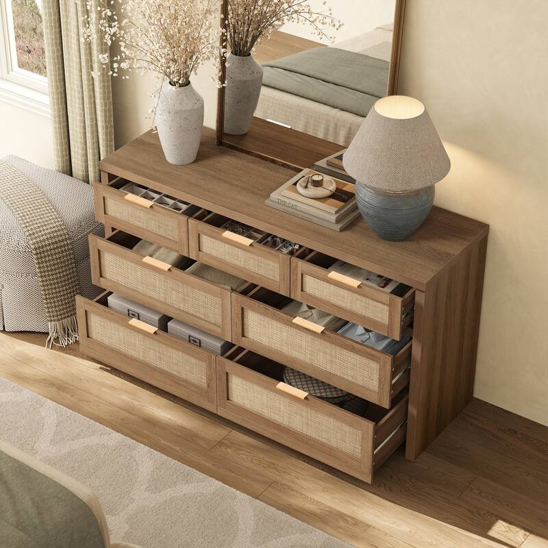 Efficient Storage Dresser with 7 Rattan Drawers
