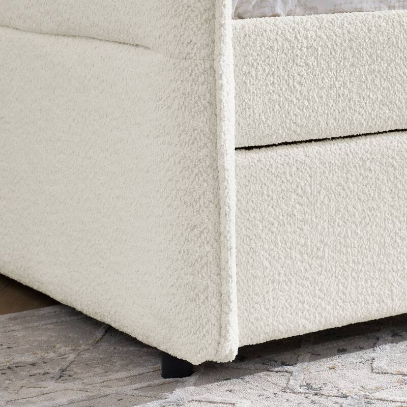 Upholstered Tufted Daybed, Boucle Fabric Sofa Bed Frame with Trundle