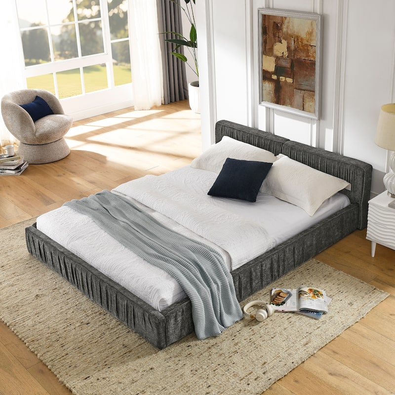 Queen Upholstered Platform Bed - Chenille Fabric Bed Frame with Pleated Headboard, No Box Spring Needed - Modern Bedroom Design
