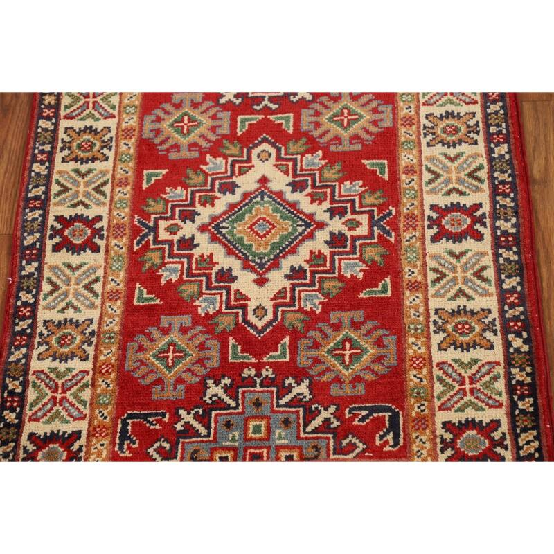 Red Geometric Kazak Accent Rug Handmade Traditional Wool Carpet - 2'0" x 3'0"