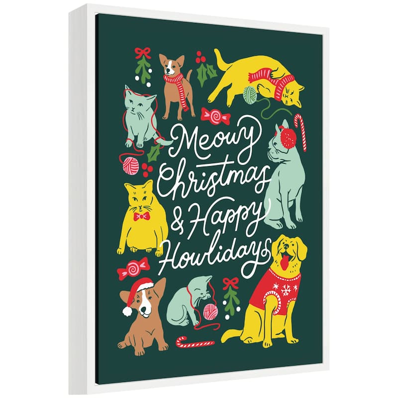 Kate and Laurel Sylvie Framed Canvas Meowy Howlidays by Maria Filar - White