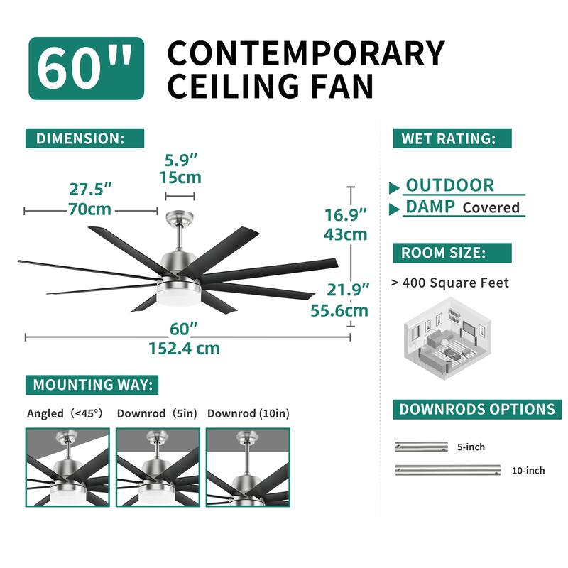 Moasis 60-inch 8 Blades Ceiling Fans with Lights and Remote,Dimmable LED 3 Color - 60"