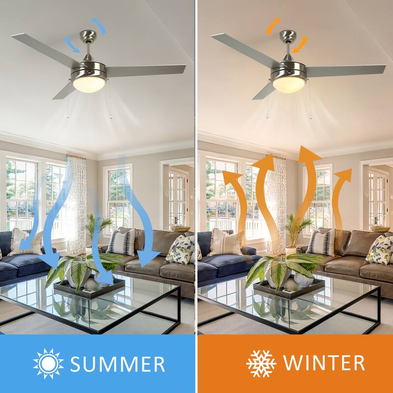 52" Modern Silver Indoor Flush Mount Ceiling Fan with Light - 52" Dia × 17.7" H