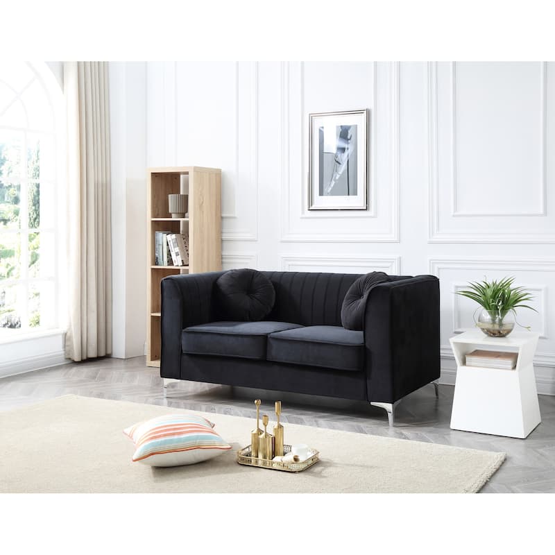 Roomfitters Velvet Loveseat, Sloped Arms, Channel-Tufted 2-Seater Sofa, Modern Glam Couch, Silver Metal Legs