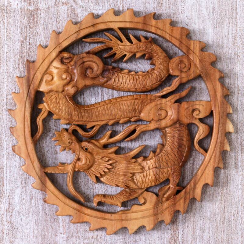 Handmade Aura Of Antaboga Wood Relief Panel (Indonesia) - 0.8" H x 10" Diam.