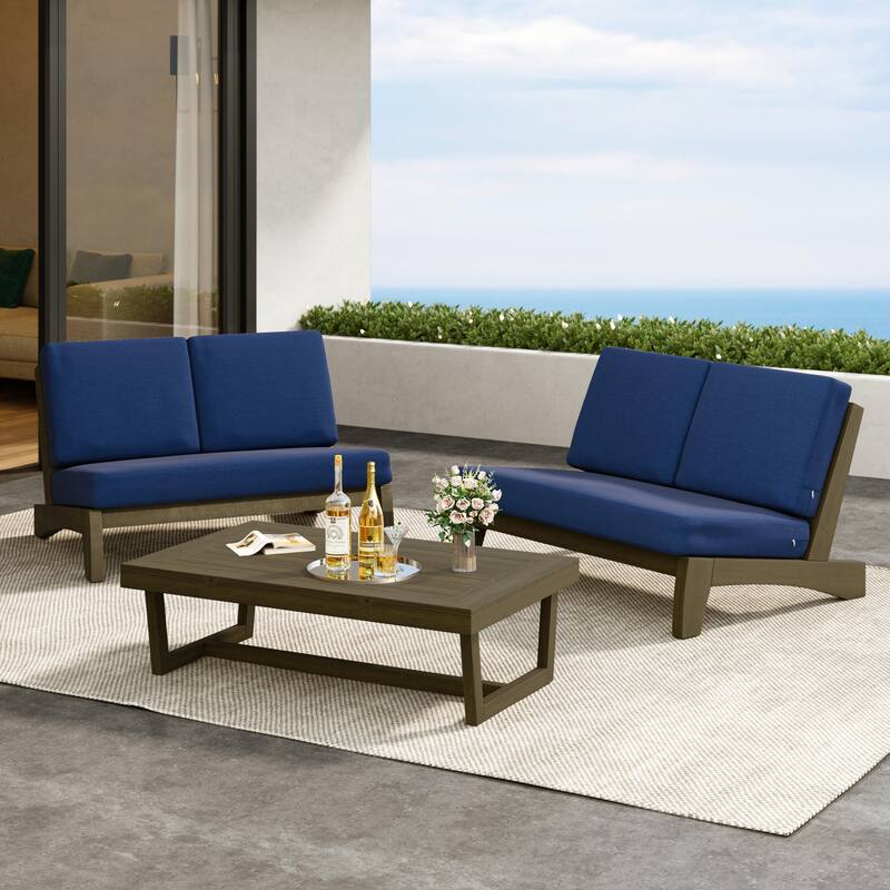 Outdoor 3-Piece Armless Lovesaet Sofa Conversation Set with Table - Separate Cushion - Navy/Brown