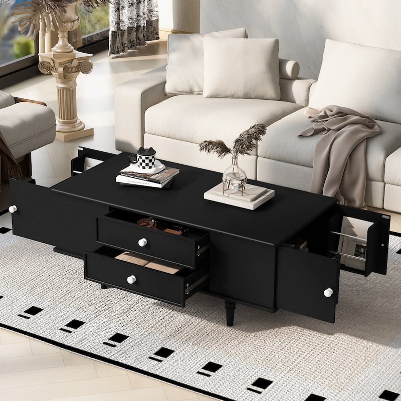 47.2" Modern Coffee Table - Rectangle Wood Table with 4 Drawers & Hidden Storage - Solid Wood Legs for Living Room - Black