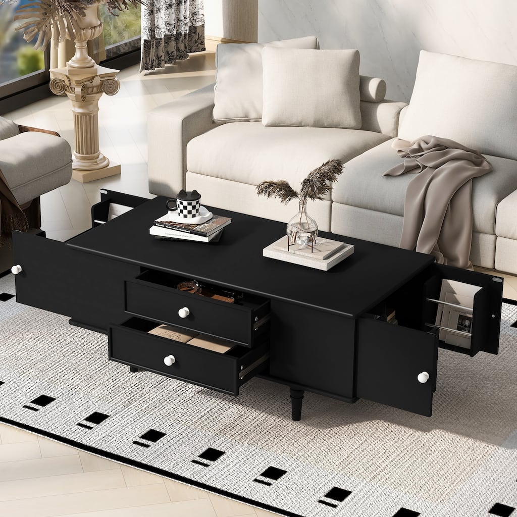 47.2" Modern Coffee Table - Rectangle Wood Table with 4 Drawers & Hidden Storage - Solid Wood Legs for Living Room