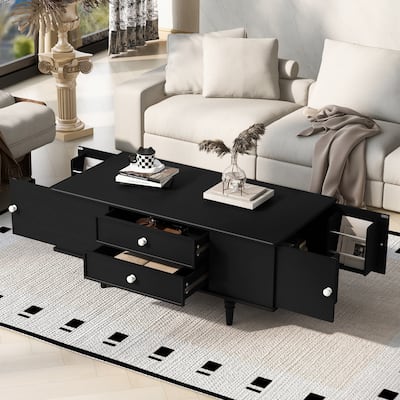Roomfitters Modern Rectangle Coffee Table with 4 Drawers and Hidden Side Storage, Solid Wood Legs