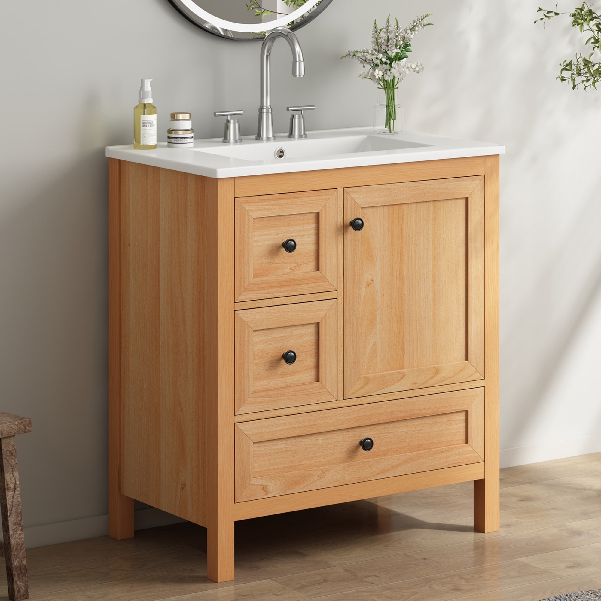 Christopher Knight Home - Alder Modern 30" Freestanding Bathroom Vanity with Ceramic Sink, Adjustable Shelf & Soft-Close Storage