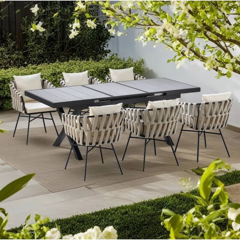 7-Piece Outdoor Extendable Dining Set with Extendable Table and 6 Woven Chair - Gray,Natural