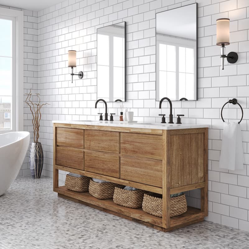 Oakman Mango Wood Carrara White Marble Countertop Bath Vanity with Faucet