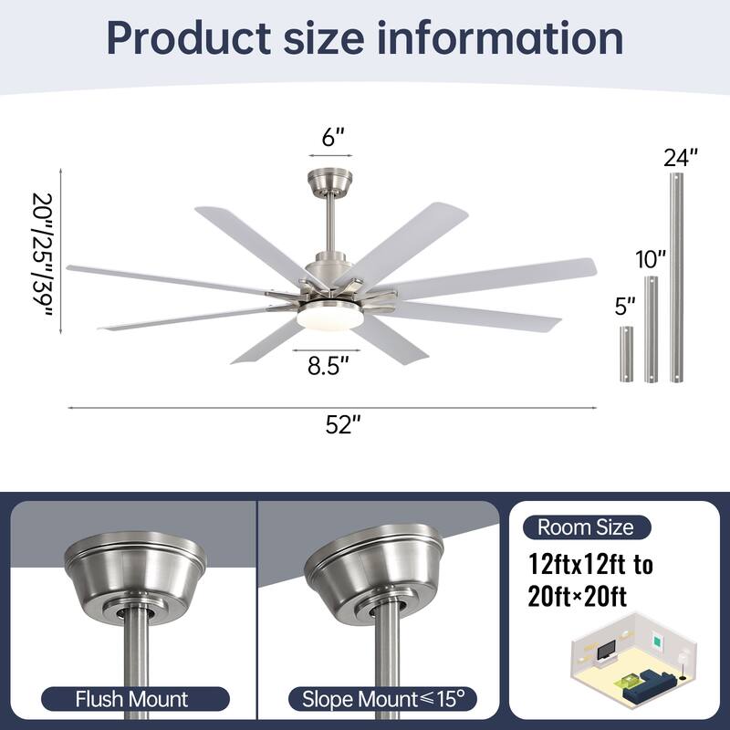 52 Inch/66 Inch/72 Inch Modern Ceiling Fan with Dimmable LED Light ,Remote&APP Control,8 Blades for Large Living Room,Porch