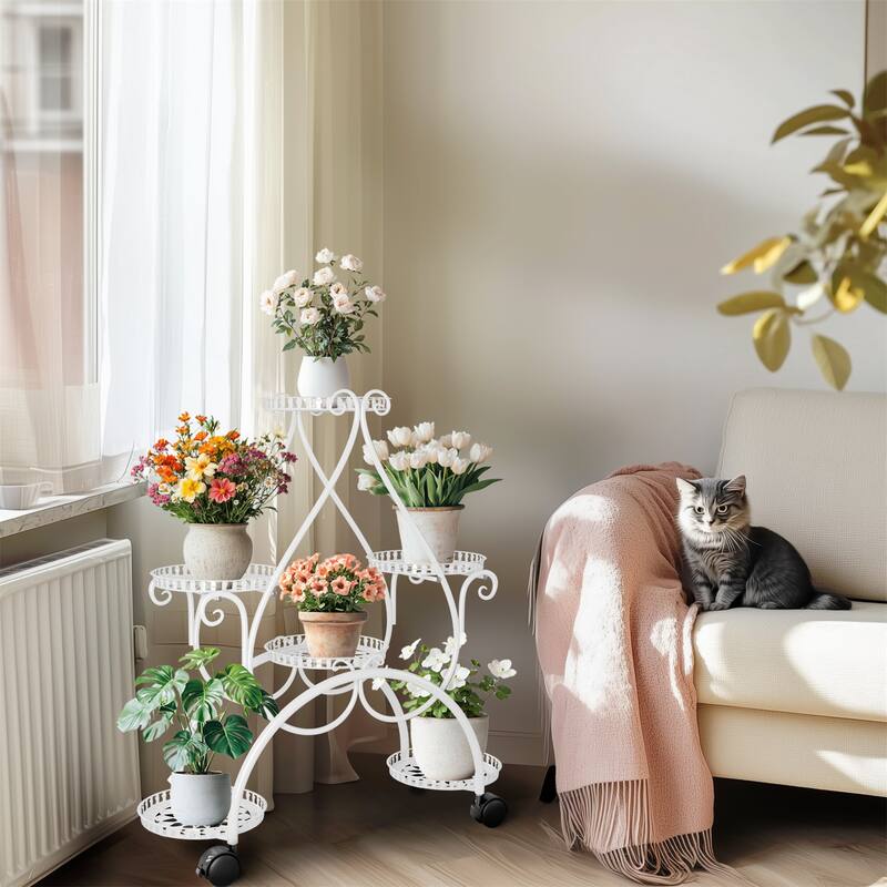 European White 6 Tiers Flower Stand with Rolling Wheels heart-shaped Multi-layer Rack