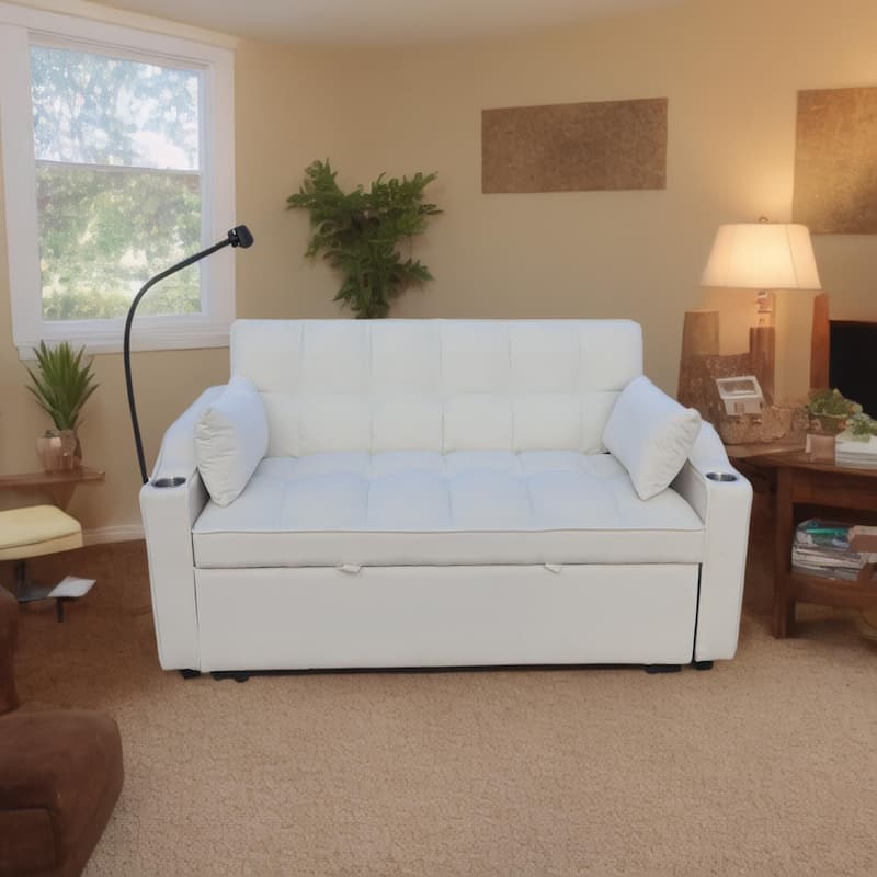 Convertible Sofa Bed with Holders, Velvet Loveseat with Reclining Backrest, Small Sofa with Toss Pillows and Pockets