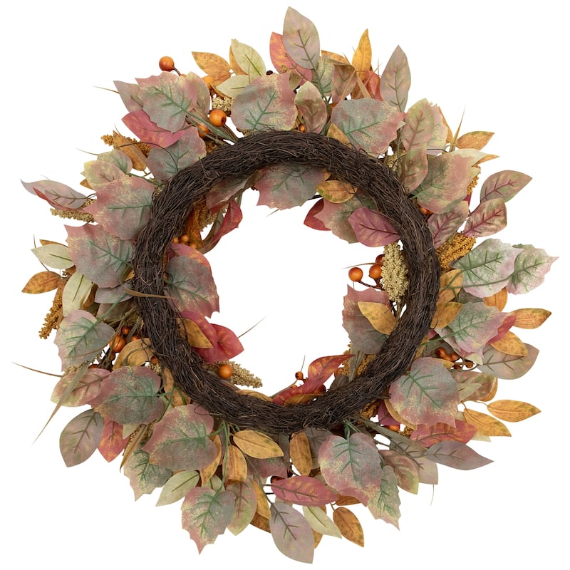 Autumn Leaves and Berries Fall Harvest Artificial Wreath - 24" - Unlit